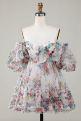 Ivory Homecoming Dress Puff Sleeves A-Line Floral Short Prom Dress with Ruffles