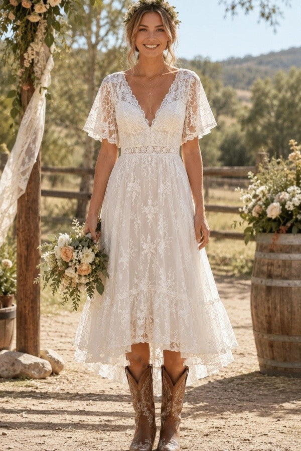 Ivory Lace A Line Tea Length Wedding Dress with V Neck and Flutter Sleeves