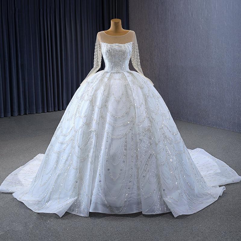Ivory Long Sleeves Wedding Dress Ball Gown Sequin Bridal Dress with Sweep Train