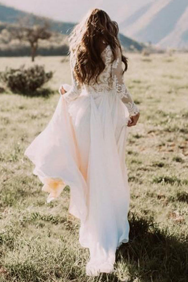 Ivory Long Sleeves Wedding Dress Tulle Lace A Line Bridal Dress