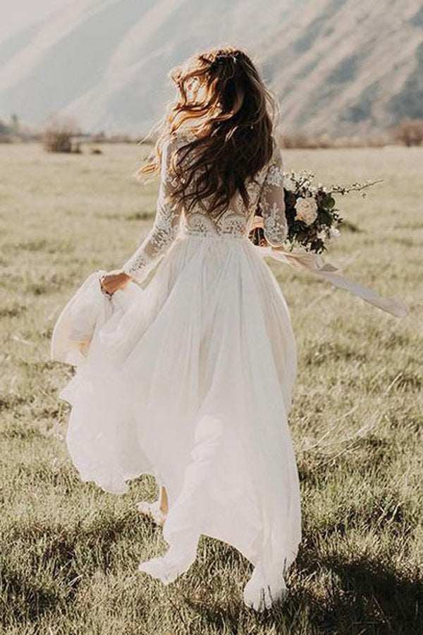 Ivory Long Sleeves Wedding Dress Tulle Lace A Line Bridal Dress