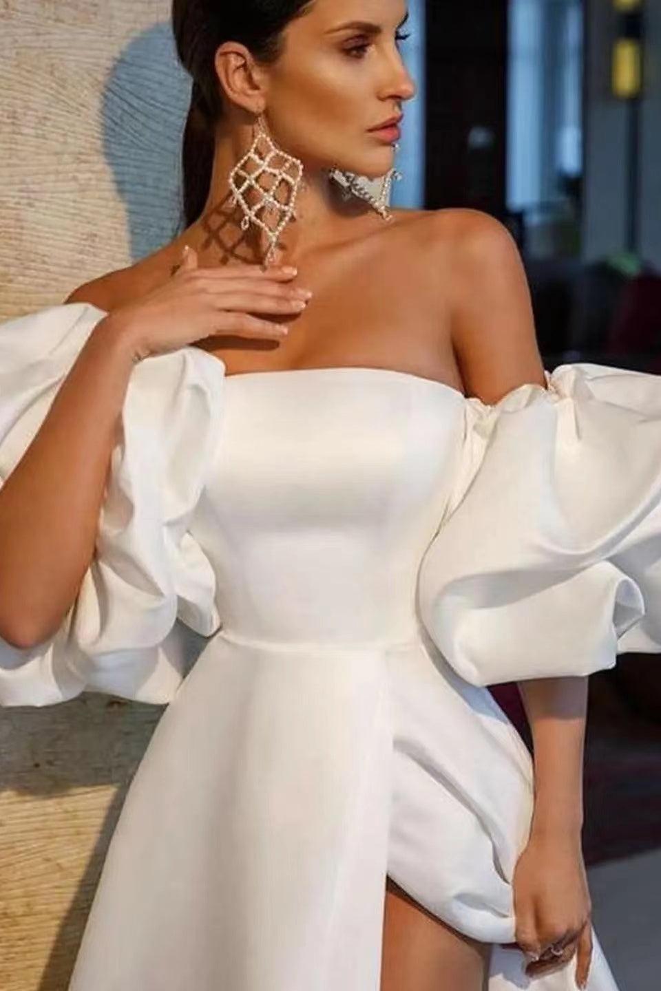 Ivory Off The Shoulder Bubble Sleeves Long Wedding Dress with Slit