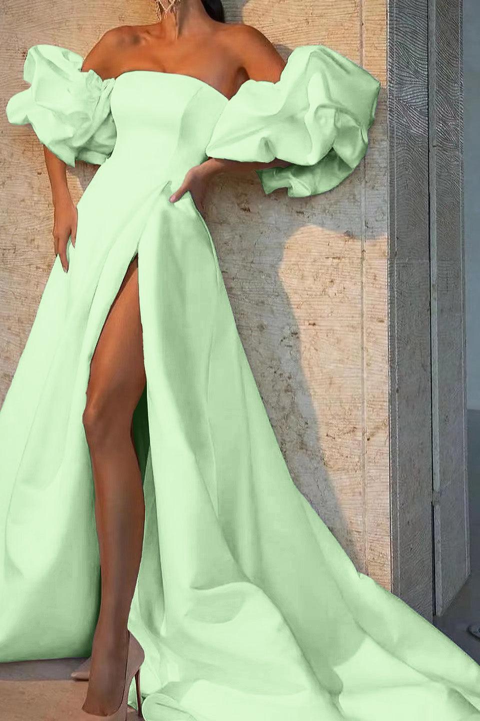 Ivory Off The Shoulder Bubble Sleeves Long Wedding Dress with Slit
