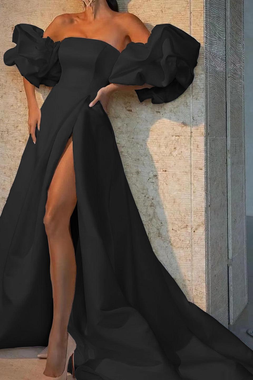 Ivory Off The Shoulder Bubble Sleeves Long Wedding Dress with Slit