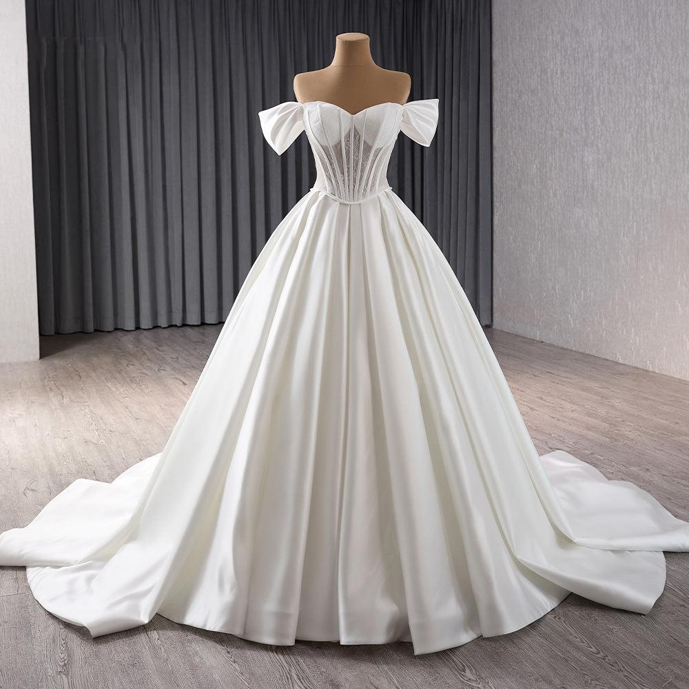 Ivory Off the Shoulder Wedding Dress Corset Satin Lace Ball Gown Bridal Dress