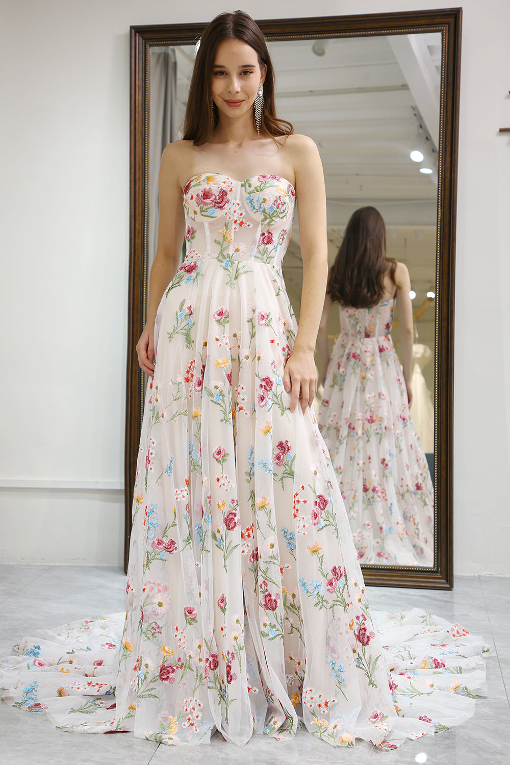 Ivory Prom Dress Flower Tulle Long Corset Evening Dress