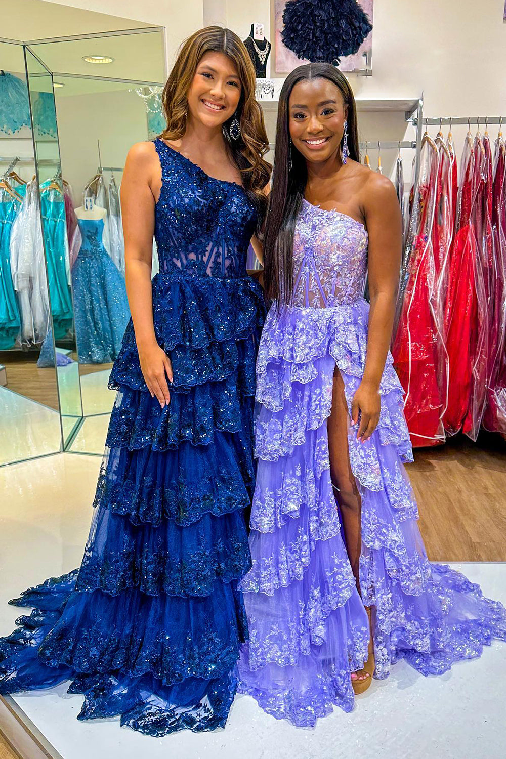 Ivory Prom Dress One Shoulder Tiered Lace Long Evening Dress with Slit