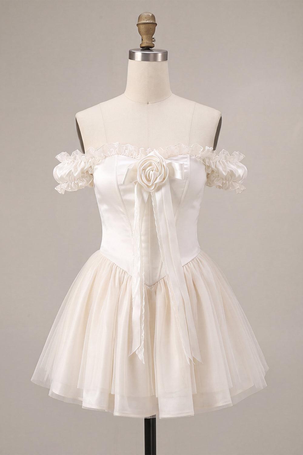 Ivory Ruffled A Line Corset Short Homecoming Dress with 3D Flower