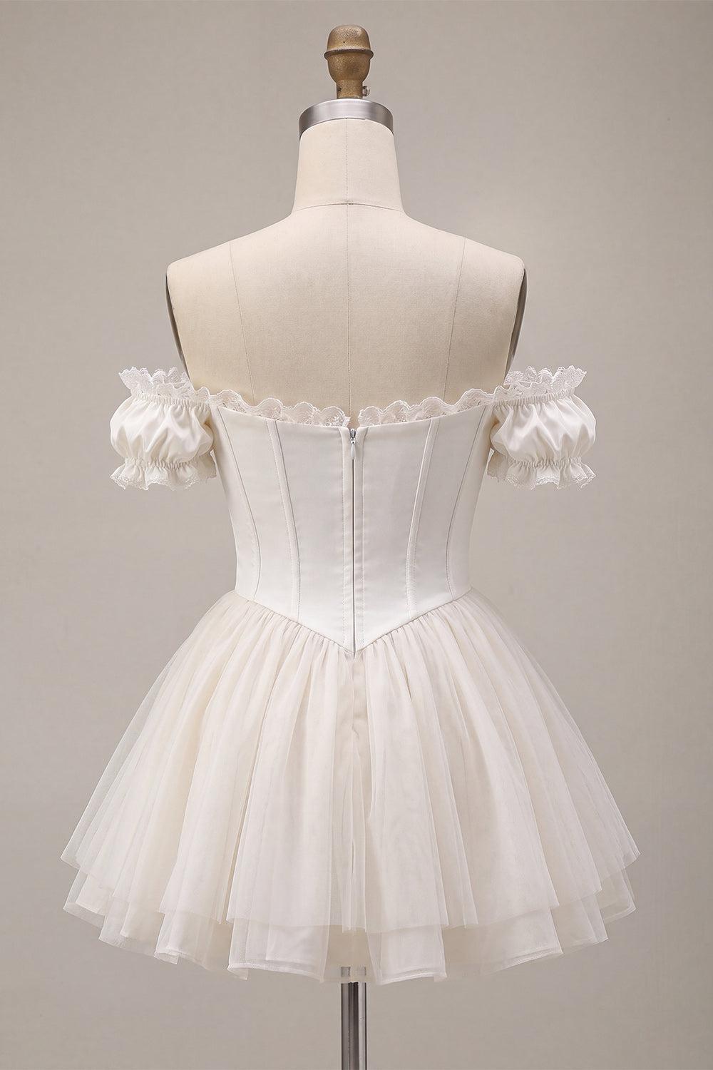 Ivory Ruffled A Line Corset Short Homecoming Dress with 3D Flower