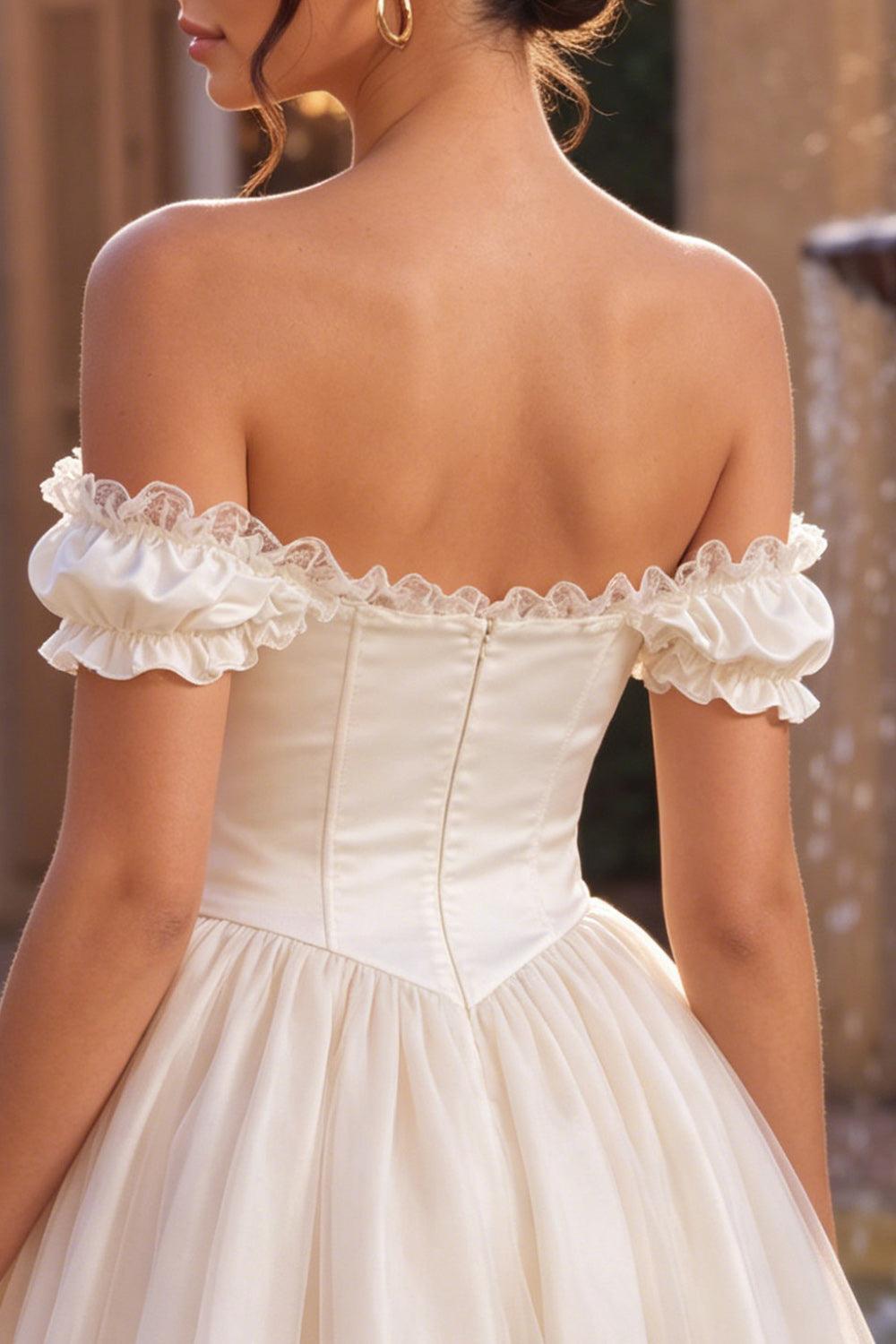 Ivory Ruffled A Line Corset Short Homecoming Dress with 3D Flower