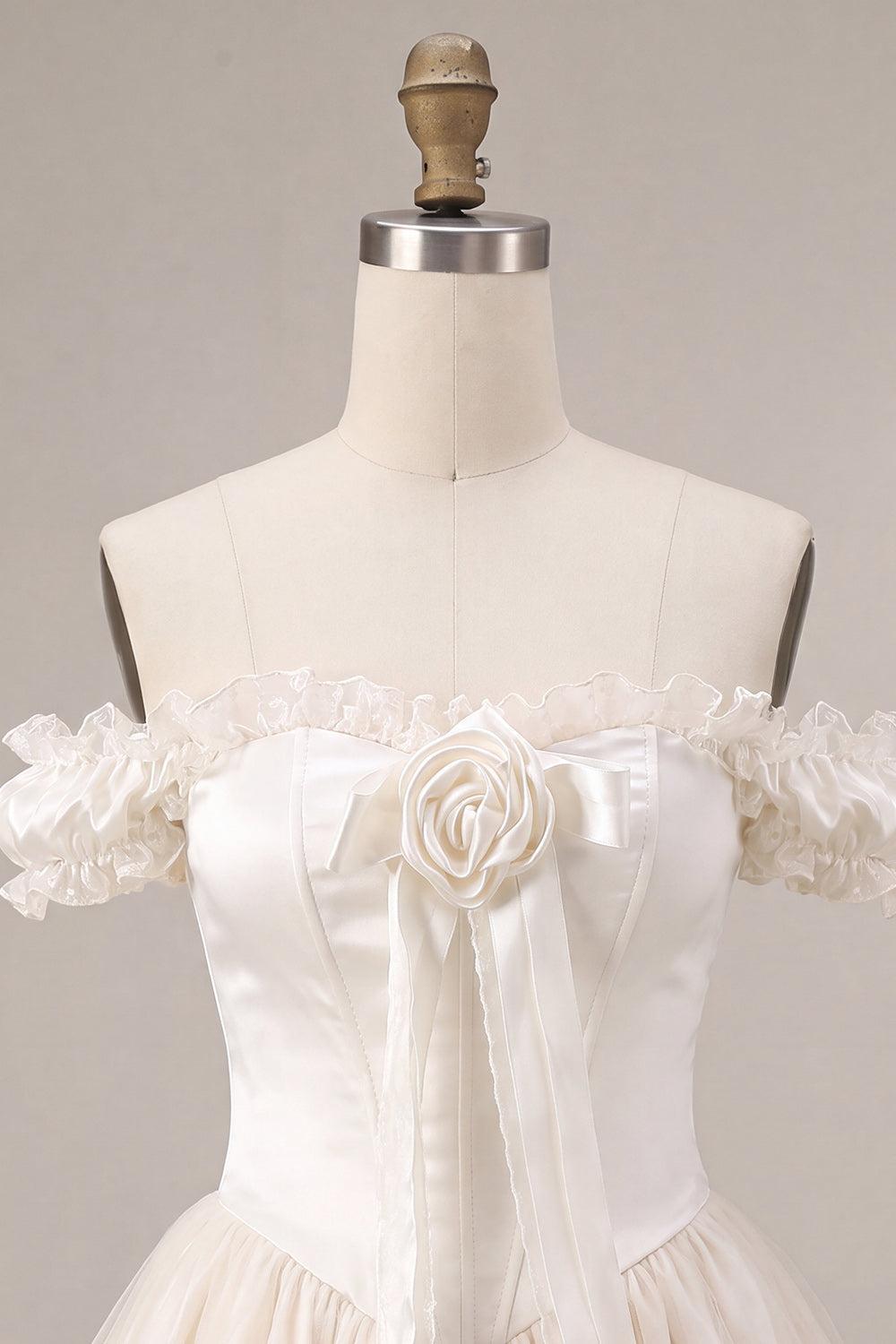 Ivory Ruffled A Line Corset Short Homecoming Dress with 3D Flower