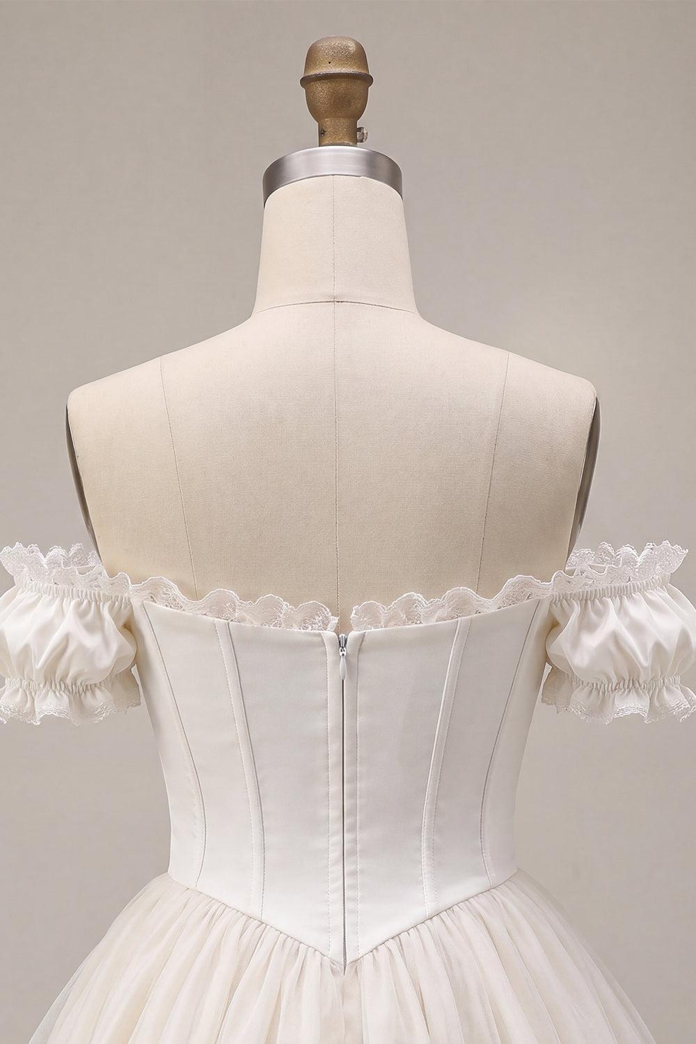 Ivory Ruffled A Line Corset Short Homecoming Dress with 3D Flower