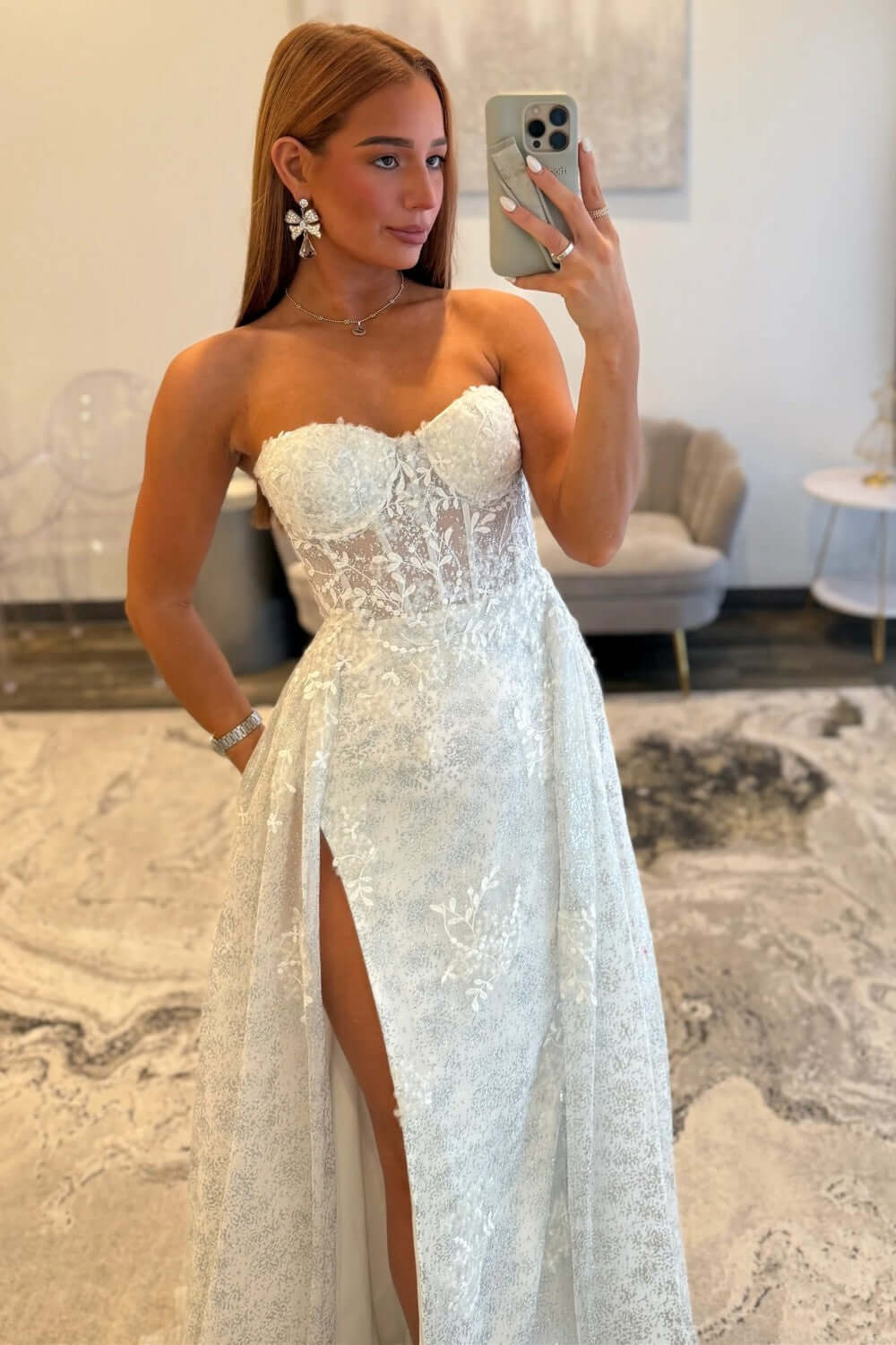 Ivory Sequined Lace Wedding Dress Sweetheart Long Formal Dress With Detachable Train