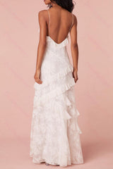Ivory Sheath Spaghetti Straps Graduation Dress Backless Long Dress With Ruffles Bridal Gown