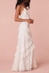 Ivory Sheath Spaghetti Straps Graduation Dress Backless Long Dress With Ruffles Bridal Gown