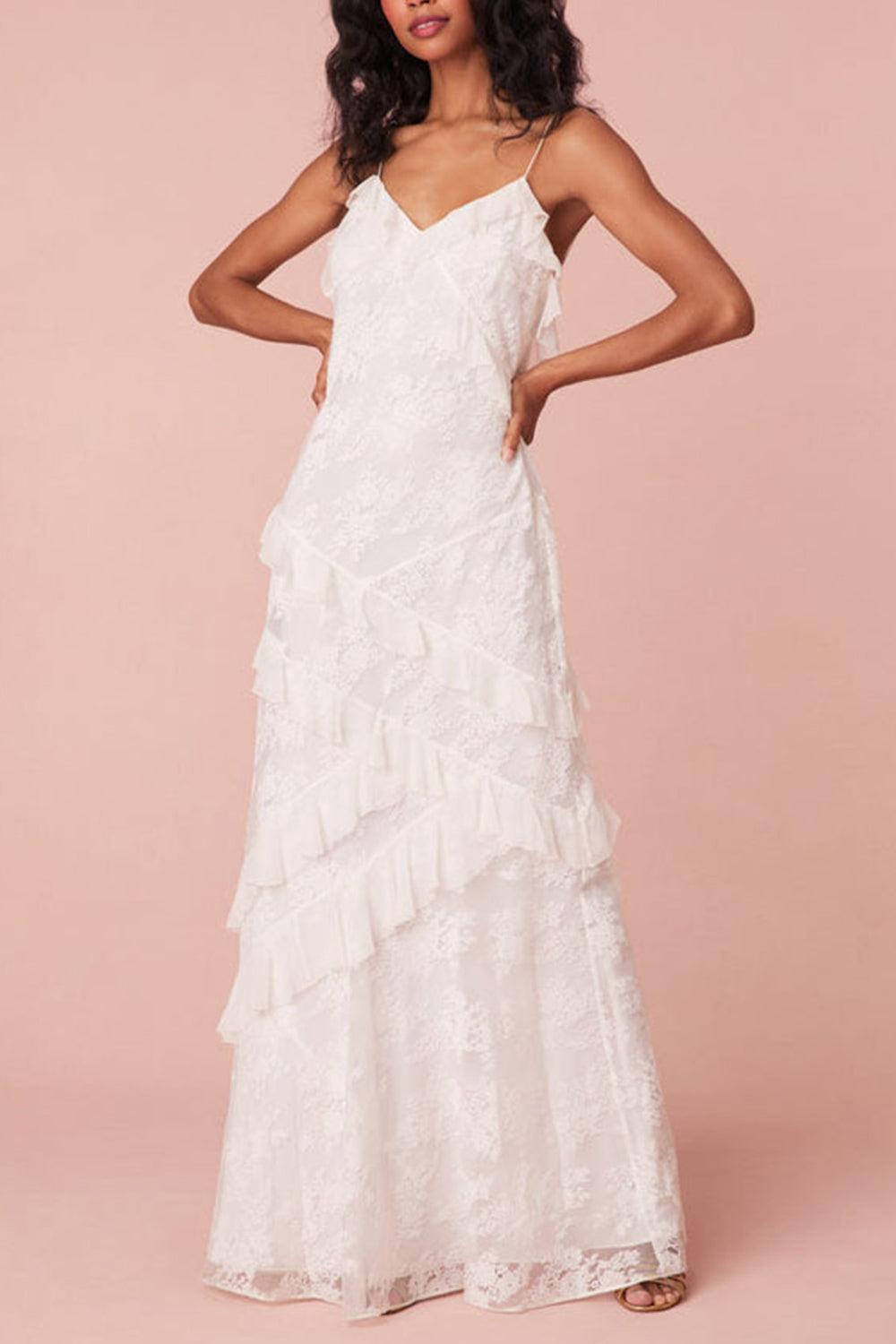 Ivory Sheath Spaghetti Straps Graduation Dress Backless Long Dress With Ruffles Bridal Gown
