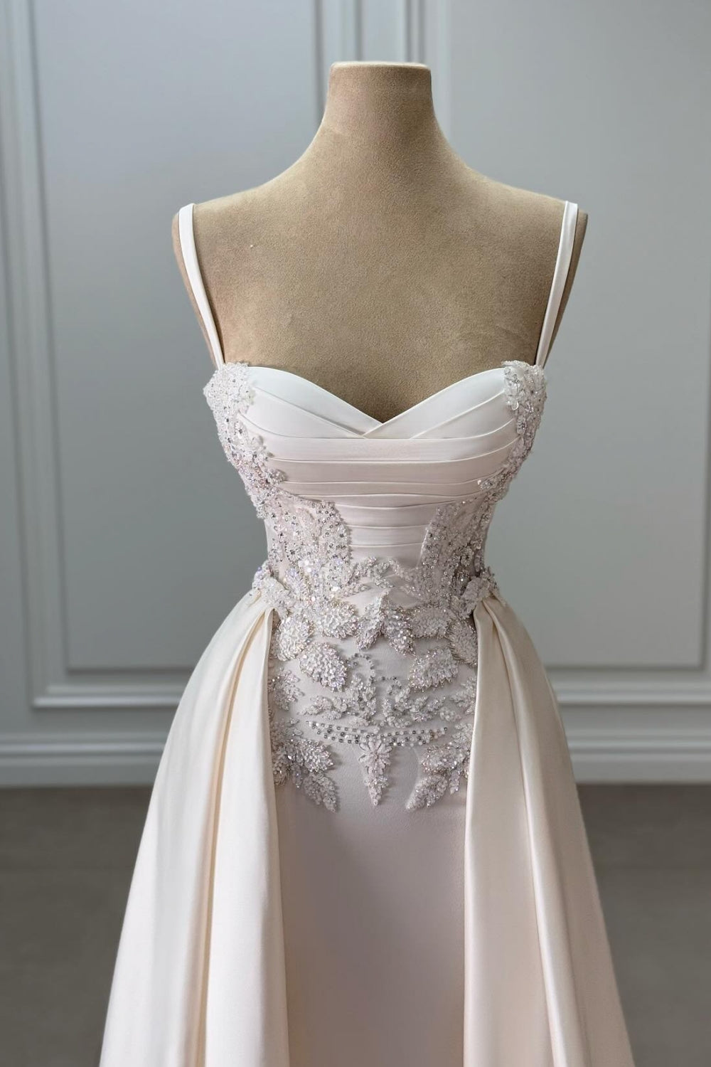 Ivory Sweetheart Spaghetti Strap Sleeveless Beaded Panel Train Ruffle Satin Bridal Gown