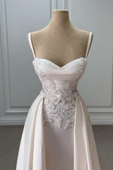 Ivory Sweetheart Spaghetti Strap Sleeveless Beaded Panel Train Ruffle Satin Bridal Gown