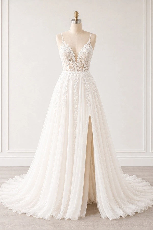 Ivory Tulle A Line Wedding Dress with Plunging V Neck and High Slit