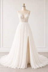 Ivory Tulle A Line Wedding Dress with Plunging V Neck and High Slit