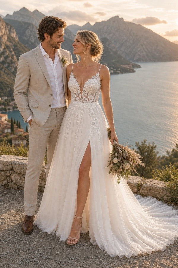 Ivory Tulle A Line Wedding Dress with Plunging V Neck and High Slit