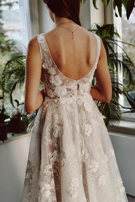 Ivory V Neck Wedding Dress A Line Split Front Sleeveless Bridal Gown With Lace
