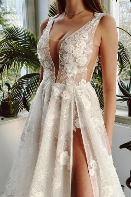 Ivory V Neck Wedding Dress A Line Split Front Sleeveless Bridal Gown With Lace