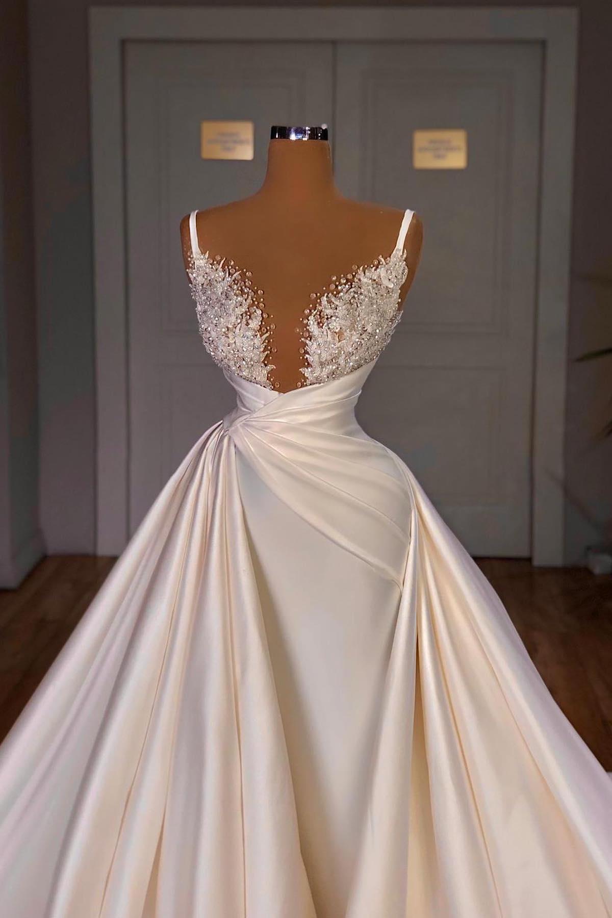 Ivory Wedding Dress A Line Spaghetti Straps Beaded Bridal Dress with Panel Train