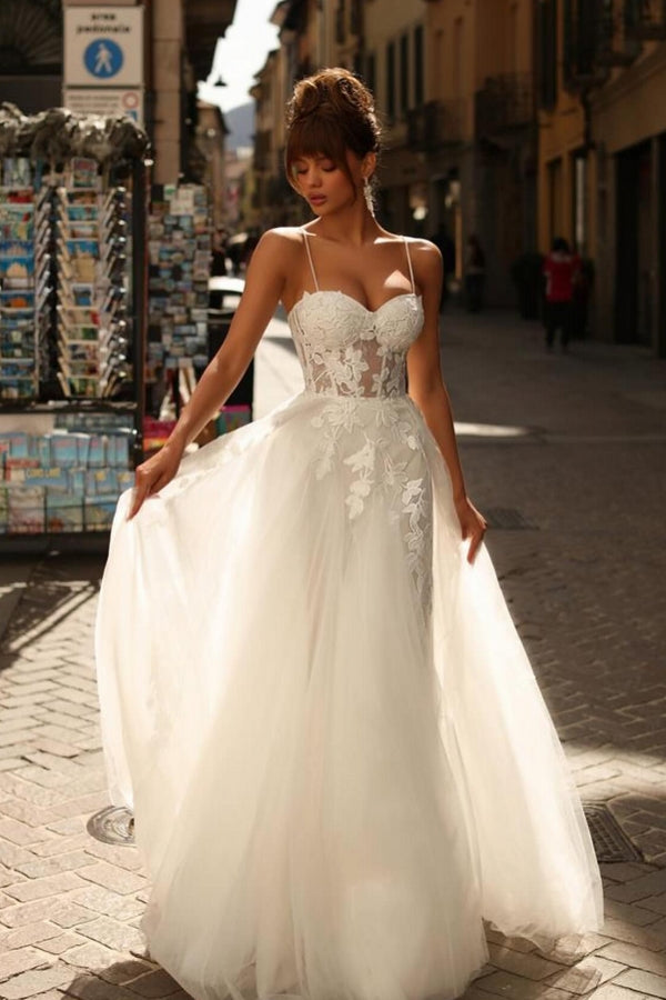 Ivory Wedding Dress A Line Spaghetti Straps Lace Tulle Bridal Gown