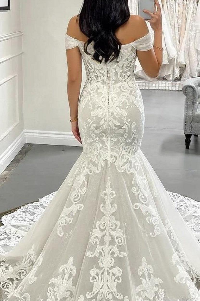 Ivory Wedding Dress Mermaid Off the Shoulder Bridal Dress with Appliques