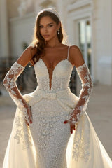 Ivory Wedding Dress Mermaid Spaghetti Straps Lace Bridal Gown With Detachable Panel Train