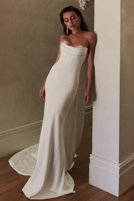 Ivory Wedding Dress Mermaid Strapless Satin Bridal Gown With Lace