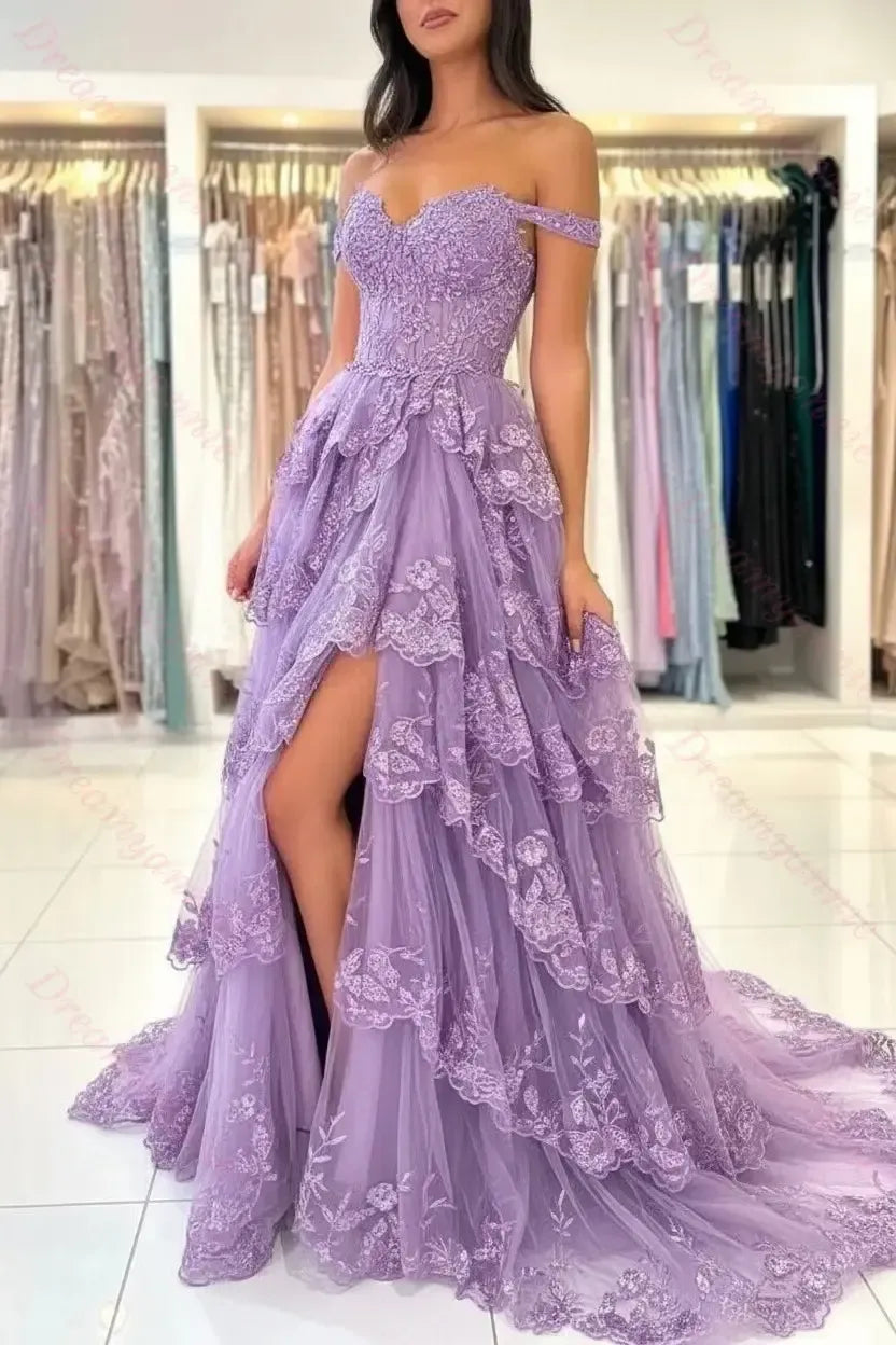 Dreamyannie Black Prom Dress Sweetheart A Line Off The Shoulder Sleeveless Lace Dresses With Slit