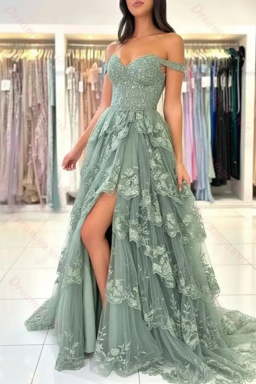 Dreamyannie Black Prom Dress Sweetheart A Line Off The Shoulder Sleeveless Lace Dresses With Slit