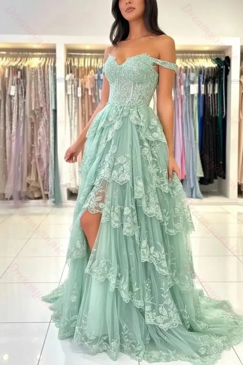 Dreamyannie Black Prom Dress Sweetheart A Line Off The Shoulder Sleeveless Lace Dresses With Slit