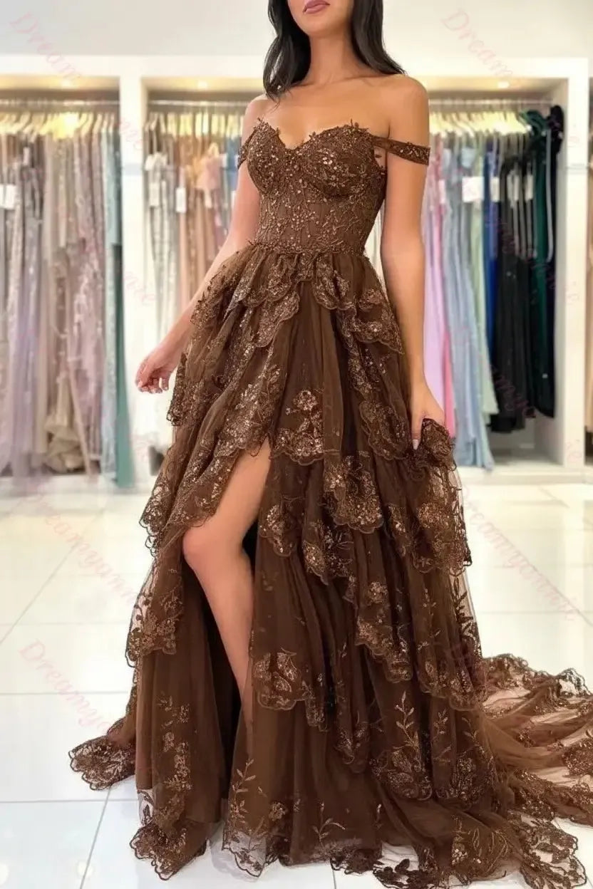 Dreamyannie Black Prom Dress Sweetheart A Line Off The Shoulder Sleeveless Lace Dresses With Slit