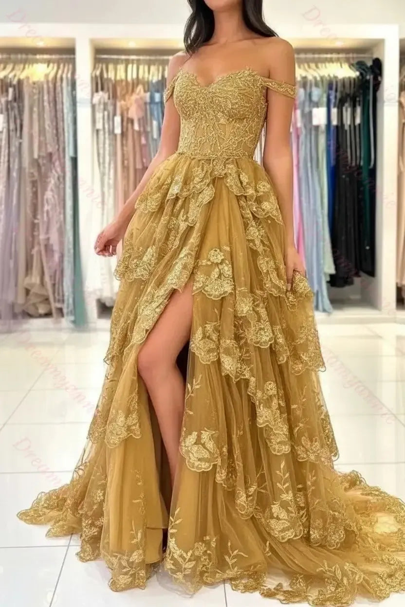 Dreamyannie Black Prom Dress Sweetheart A Line Off The Shoulder Sleeveless Lace Dresses With Slit