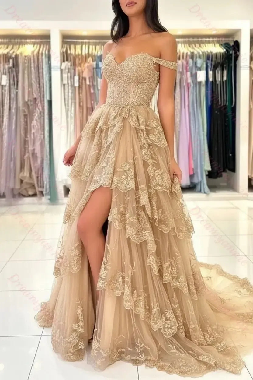 Dreamyannie Black Prom Dress Sweetheart A Line Off The Shoulder Sleeveless Lace Dresses With Slit