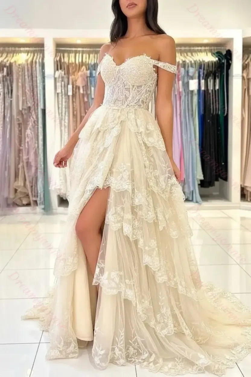 Dreamyannie Black Prom Dress Sweetheart A Line Off The Shoulder Sleeveless Lace Dresses With Slit