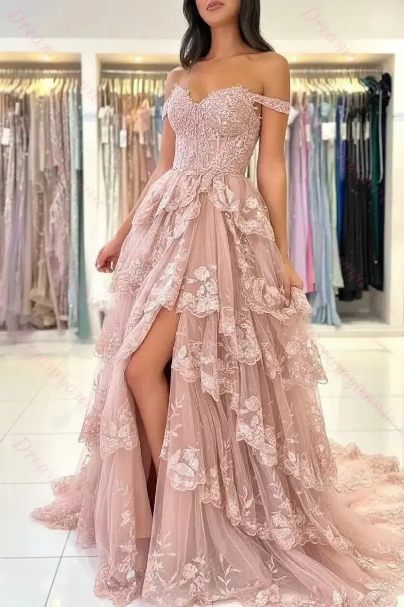 Dreamyannie Black Prom Dress Sweetheart A Line Off The Shoulder Sleeveless Lace Dresses With Slit