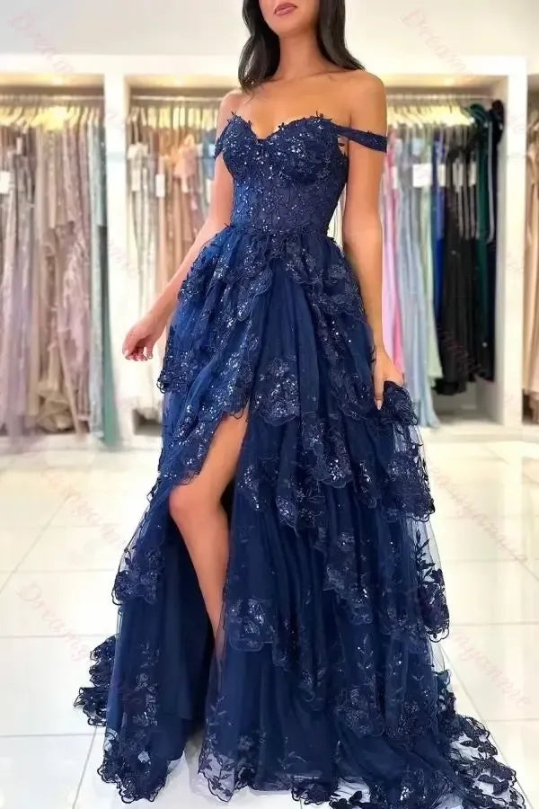 Dreamyannie Black Prom Dress Sweetheart A Line Off The Shoulder Sleeveless Lace Dresses With Slit