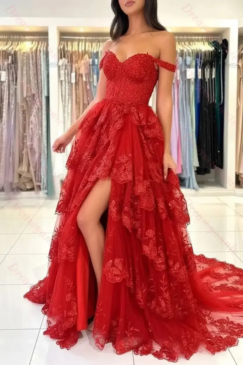 Dreamyannie Black Prom Dress Sweetheart A Line Off The Shoulder Sleeveless Lace Dresses With Slit