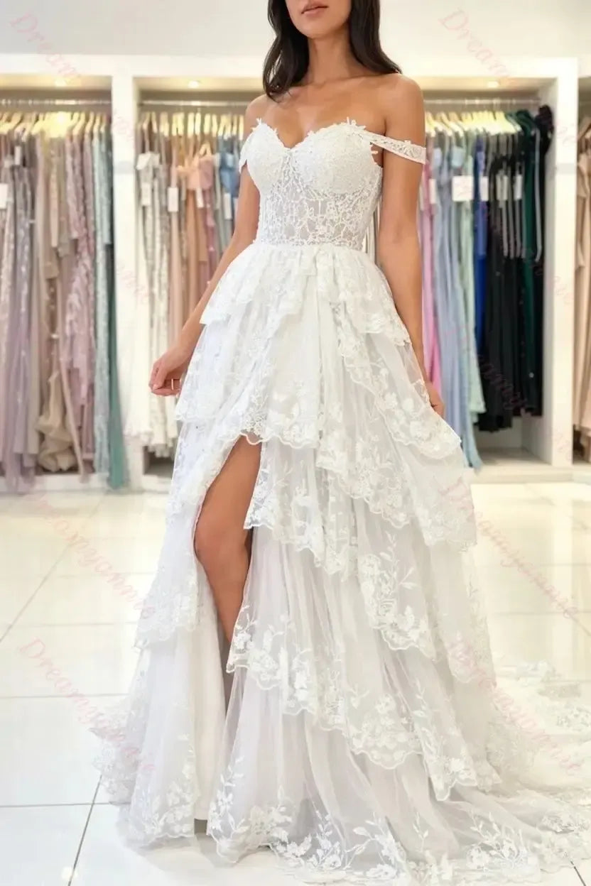 Dreamyannie Black Prom Dress Sweetheart A Line Off The Shoulder Sleeveless Lace Dresses With Slit