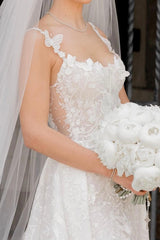 Ivory Wedding Dress Sleeveless Lace Bridal Gown With Detachable Panel Train