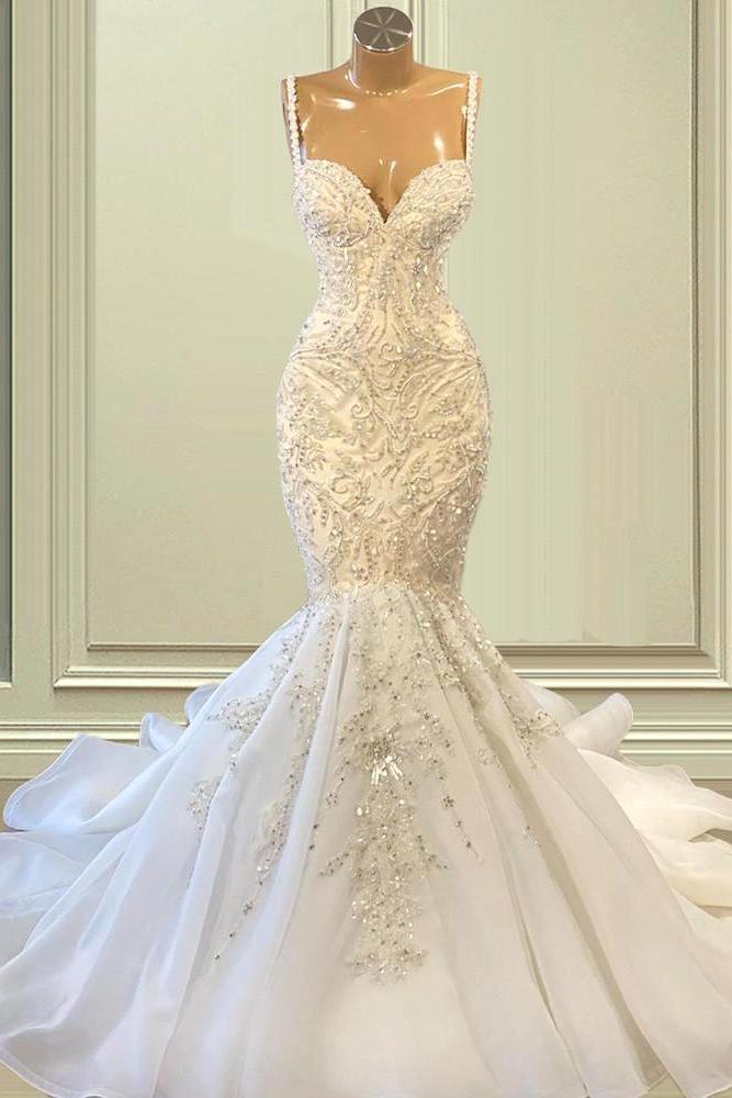 Ivory Wedding Dress Spaghetti Straps Mermaid Beaded Lace Appliques Bridal Dress