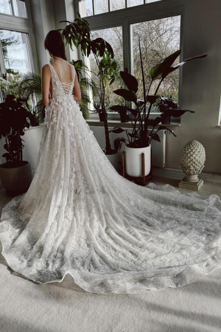 Ivory Wedding Dress V Neck A Line Lace Bridal Gown With Glitter