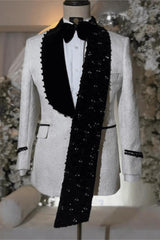 Ivory and Black Shawl Lapel Prom Suit Jacquard Wedding Suit