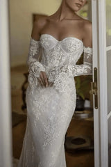 Ivory Sweetheart Wedding Dress Ivory Lace Appliqued Mermaid Bridal Gown with Detachable Sleeves