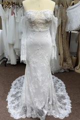 Ivory Sweetheart Wedding Dress Ivory Lace Appliqued Mermaid Bridal Gown with Detachable Sleeves