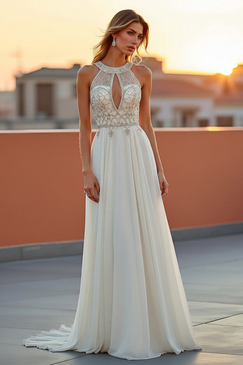 Dreamyannie Beaded Navy Wedding Guest Dress Halter Long Formal Dress With Embroideries